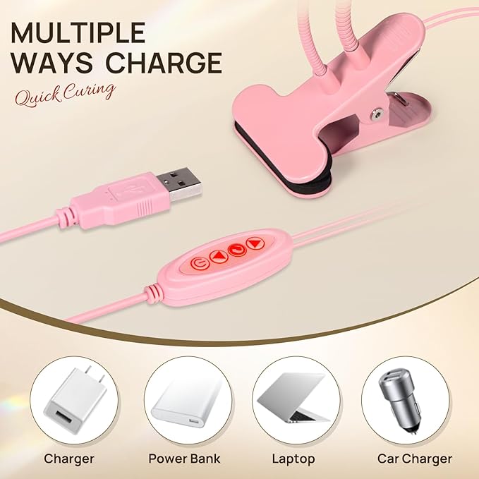 AORAEM LED Nail Lamp Double-Headed UV LED Light Quicky-Dry Duck Neck UV Lamp Dryer Curing Light with Portable Gooseneck and Clamp Flash Cure U V Light for Gel Nails Professional Home DIY Salon Pink