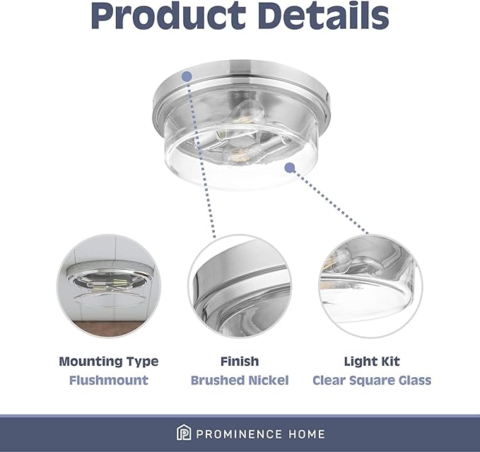 Prominence Home Madalyn 13" Brushed Nickel Flush Mount Clear Square Glass Drum Ceiling Light - 51536-01