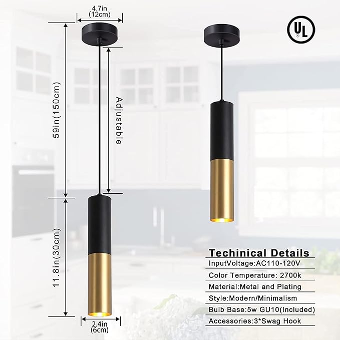 Modern Mini Pendant Light Set of 3, Metal Gold Black Pendant Ceiling Lamps Fixture with LED Bulb Hanging Light for Kitchen Island Living Room Bedroom Cafe Bar