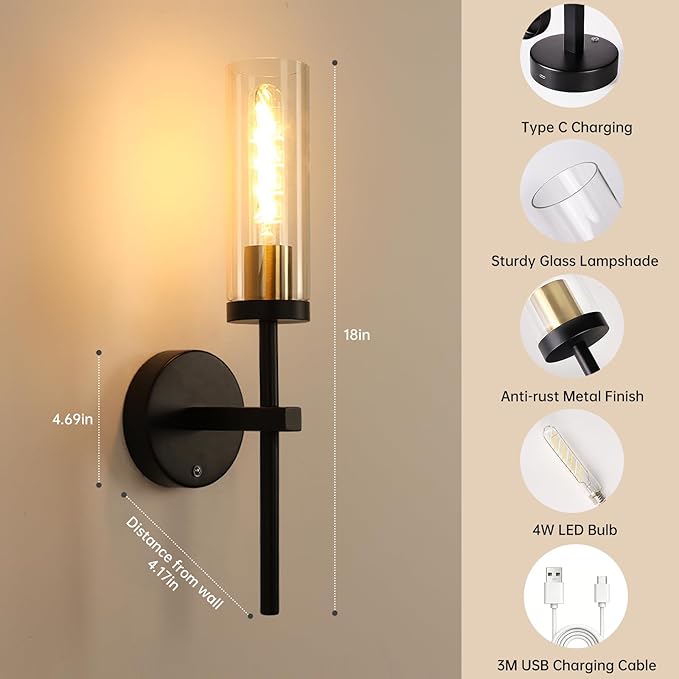 Shenmoyl Battery Operated Wall Sconces Set of 2, Black & Gold Rechargeable Wall Lighting Fixtures, Dimmable Wall Lights with Remote & Clear Glass Shade for Living Room, Bathroom,Bedroom