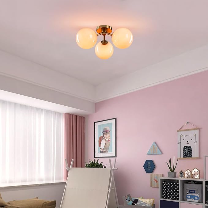 Pink Semi Flush Mount Ceiling Light Fixture, 3 Light Opal Glass Globe Mid Century Modern Light Fixtures for Bedroom,Entryway,Hallway,Living Room,Kithcen,Dining Room