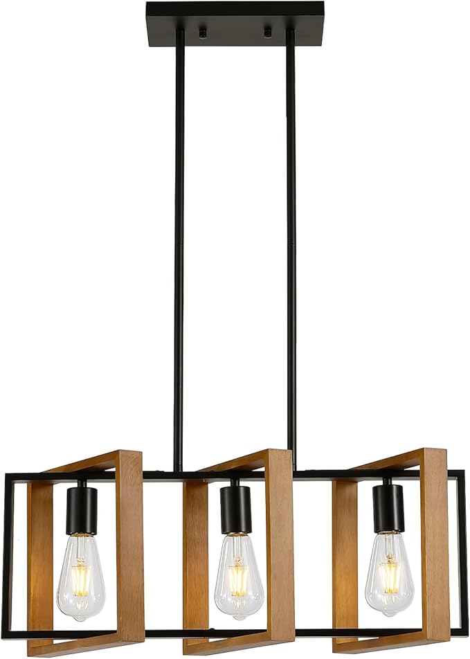 23.6" Kitchen Island Lighting,3 Lights Dining Table Chandelier, Rectangle Island Light for Dining&Living Room, Foyer Hallway,E26, Wood Frame.