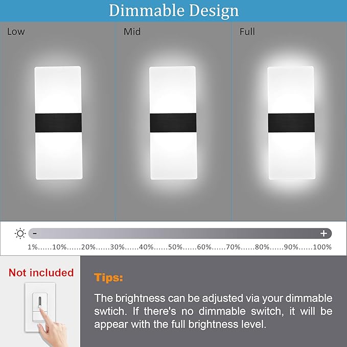 Lightess Modern Wall Sconce Dimmable Sconce Wall Lighting 12W Black Indoor Wall Lamp Acrylic Wall Mounted Lighting Fixture for Bedroom Living Room Hallway, Cool White