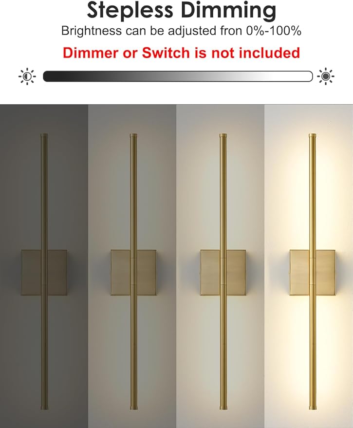 KARTOOSH 27.8 Inch Hardwired Wall Sconces Set of Two, 3000K Warm White Dimmable Modern Wall Sconces, 350° Rotate LED Light Fixtures Wall Lamp for Bathroom Living Room Bedroom Bedside, Brushed Brass