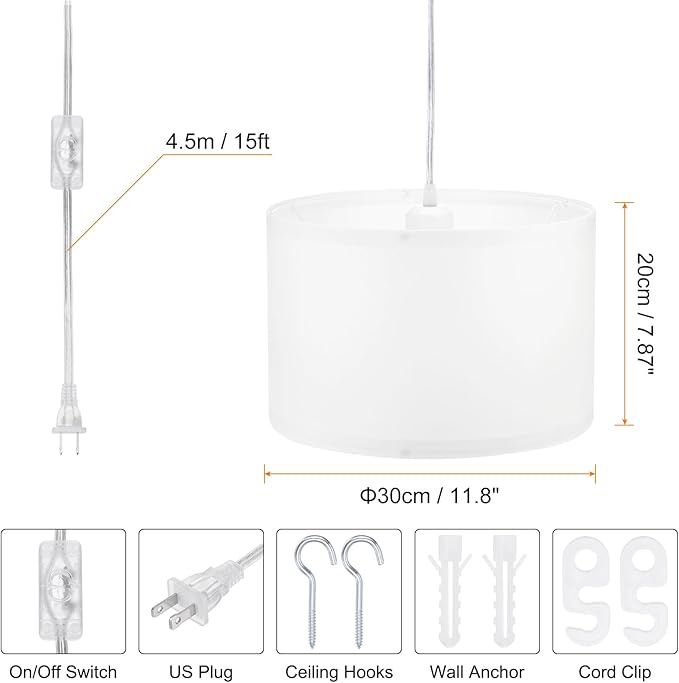 PATIKIL Plug in Pendant Light, 2 Pack 15Ft Rope Cord Hanging Lamp Fixture with ON/Off Switch, Linen Fabric Shade E26/E27 Bulb Socket for Bedroom Kitchen Living Room, White
