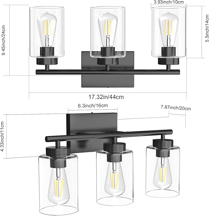 Aipsun 3 Light Black Bathroom Vanity Light, Modern Light Fixture with Clear Glass Shade, Industrial Wall Light for Kitchen Bedroom Living Room (Exclude Bulb)
