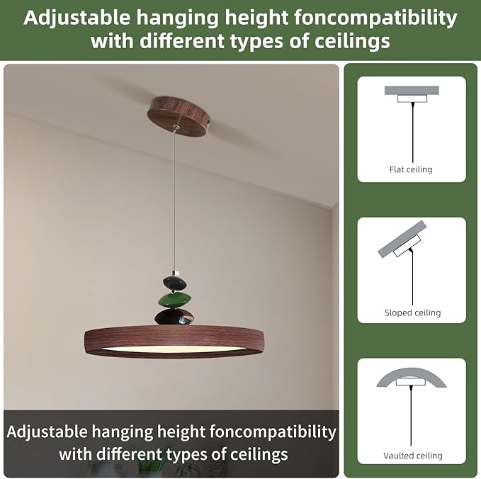 Mikeru Modern Pendant Lights, 15.8" Wood Grain Finish Pendant Lighting Fixture with Remote Control Dimmable 3 Color Mode & Brightness Mid Century Island Light Fixture for Dining Room,Living Room