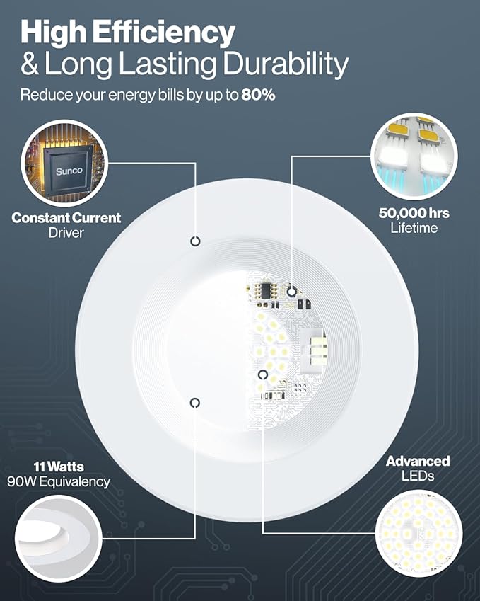 Sunco 4 Inch LED Recessed Lights, 11W 660LM Retrofit Downlight, 5CCT 2700K-5000K, Indoor Dimmable, Baffle Trim, Damp Rated Ceiling Lighting for Kitchen, Bathroom, Bedroom, Energy Star, UL 2 Pack