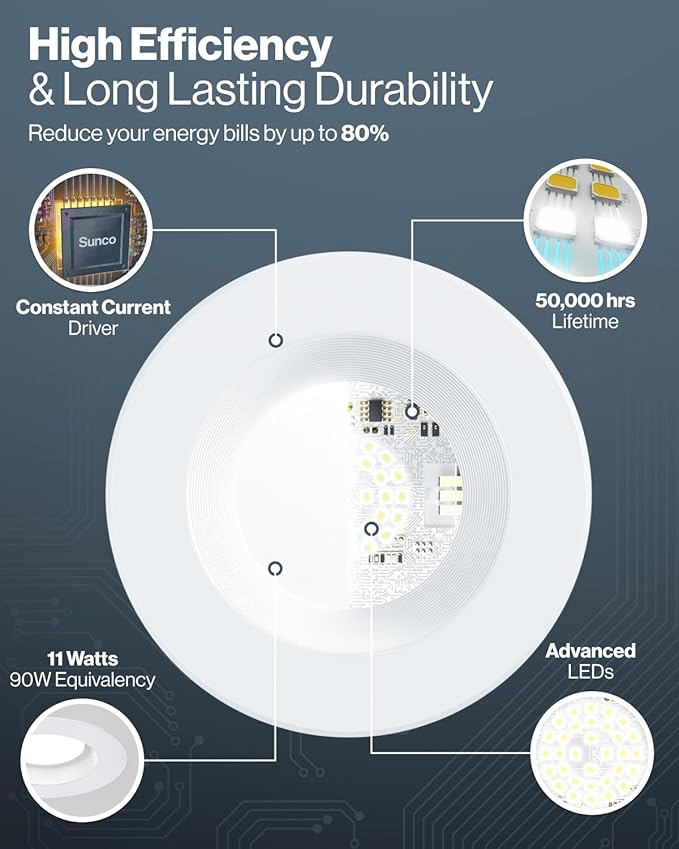 Sunco 70 Pack 4 Inch LED Recessed Lights, Retrofit Lighting LED Can Lights Downlight, 660LM, 2700K/3000K/3500K/4000K/5000K, Dimmable, Baffle Trim, 11W=60W, 50000 Lifetime Hours, Damp Rated UL