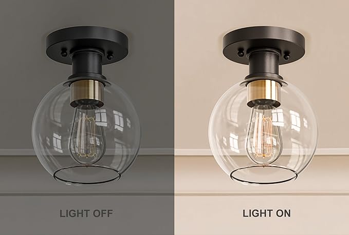 Tawson Dan Modern Farmhouse 1-Light Flush Mount Ceiling Light Clear Glass Globe Black Gold Finish for Hallway, Entryway, Passway, Bedroom, Garage, Kitchen, Balcony