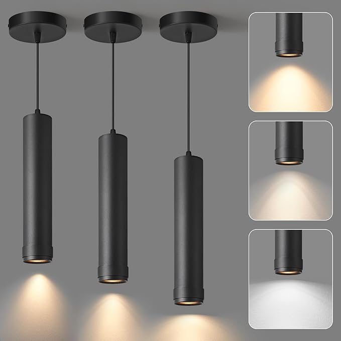 OKELI Black LED Mini Pendant Light, Dimmable Hanging Pendant with Adjustable Beam Angle, 3CCT 2700K–6000K Modern Pendant Light for Kitchen Island, Bar Counter or Bedroom, 12W 11.8", 3 Pack
