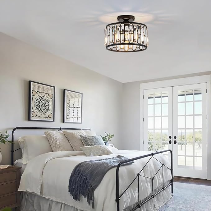 Crystal Ceiling Light Fixture - Modern Semi Flush Mount Chandelier with Crystals for Bathroom Bedroom Entryway Hallway Closet 1 Light 11.6" Diameter