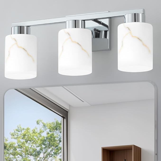 3-Light Bathroom Light Fixtures, Modern Vanity Lights, Chrome Metal Wall Lamp with White Marble Glass for Bathroom, Mirror, Living Room, Bedroom, Cabinet, Porch, Hallway, E26 Base