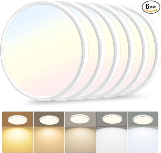 hunhun 6 Pack 3200lm LED Flush Mount Ceiling Light 12 Inch, 5CCT Adjustable,Super Slim 0.87 inch led Ceiling Light Fixture for Bedroom, Living Room, Dining Room (White, 6-Pack)