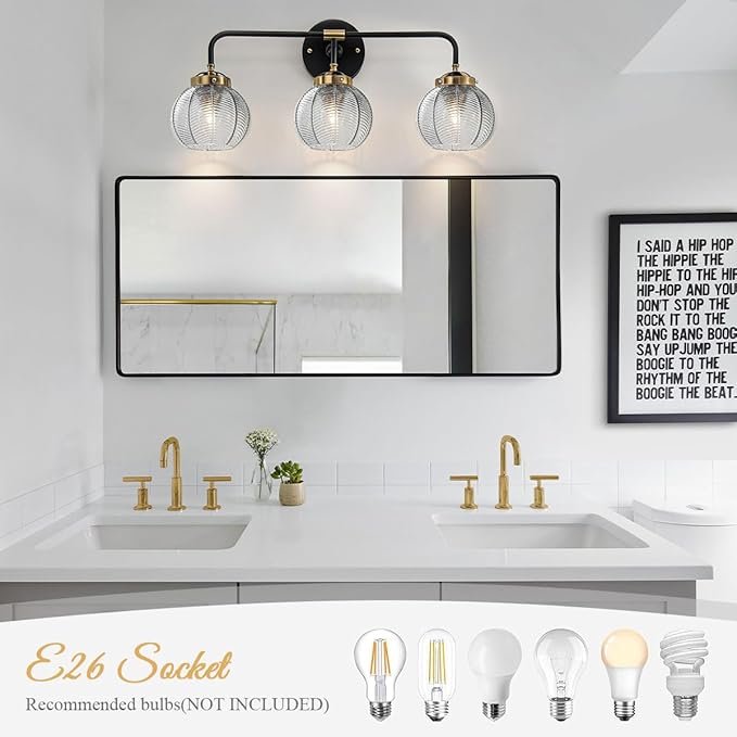 Black Bathroom Light Fixtures 3-Lights Vintage Vanity Wall Sconce Over Mirror with Ribbed Smoky Gray Globe Shade Mid Century Modern Lights Fixture Art Deco Farmhouse Vanity Lighting