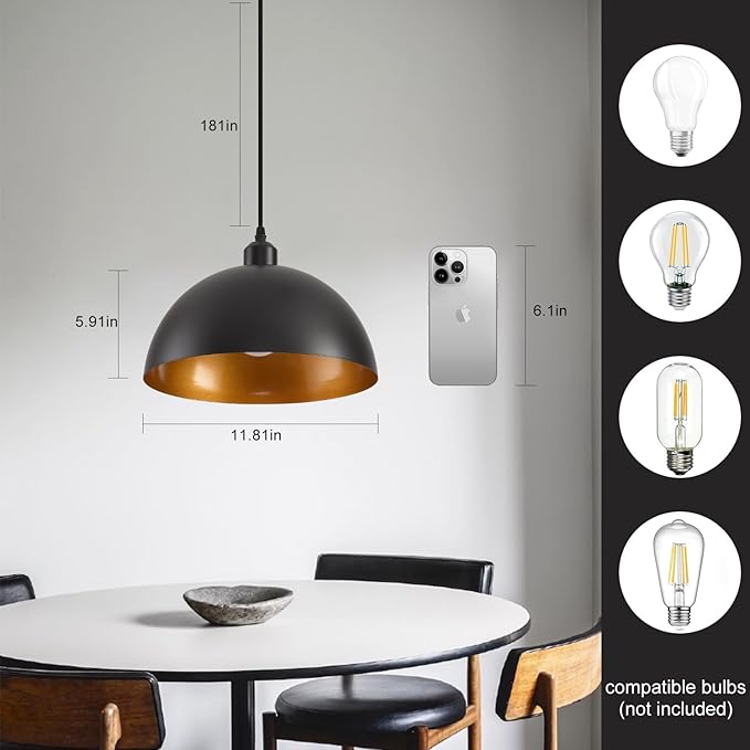 Plug in Pendant Light 2 Pack Industrial Hanging Lamp with Golden Finish Inside Black Vintage Pendant Lighting Fixtures with 15ft Cord On/Off Switch
