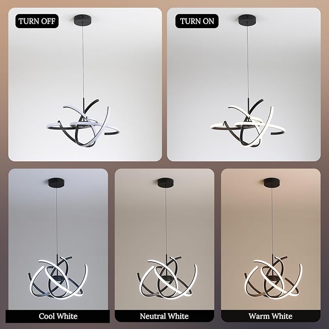 Black Modern Sputnik Chandelier with Remote Control, 44W 3-Color Temperature Dimmable LED Chandelier for Dining Room, Hanging Adjustable Pendant Light for Living Room Kitchen Foyer Entryway
