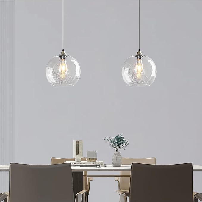 Modern 2-Pack Glass Globe Pendant Lights, Clear Modern Pendant Lighting for Kitchen Island, Clear Glass Hanging Lamps for Dining Room Living Room Bedroom, Small 5.9 Inch Fixture (Bulbs Not Included)