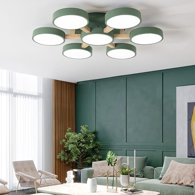 7-Lights LED Ceiling Light Fixture,32 Inch Modern Ceiling Lights Flush Mount Wooden 84W Chandelier for Living Room Bedroom Kitchen,Dimmable 3000K/4000K/6000K Temperatures Selectable Green