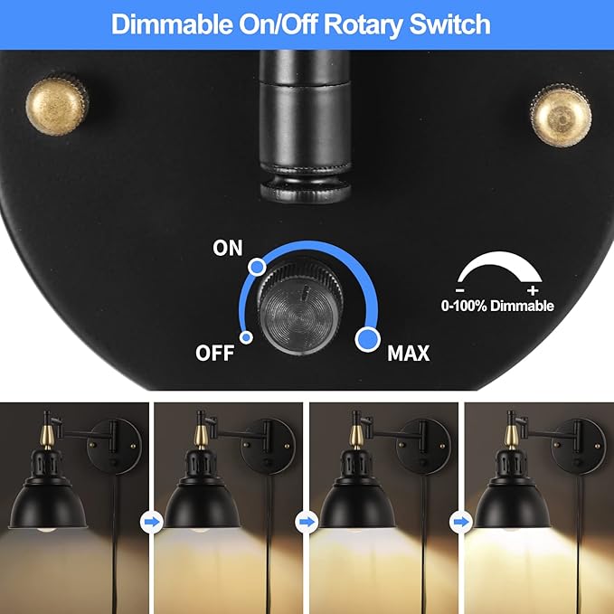 TRLIFE Plug in Wall Sconces, Dimmable Wall Sconces Retractable Swing Arm Wall Lamp with 6FT Plug in Cord and Dimmer Knob On/Off Switch, E26 Base, UL Listed(2 Pack)