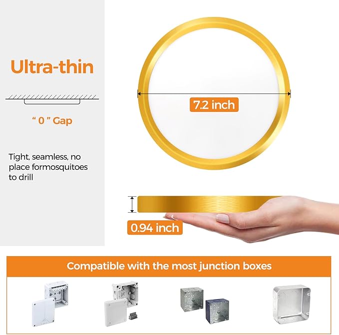 slochi 7.2 Inch LED Flush Mount Ceiling Light Fixture, 3000K-4000K-6500K & 100W Equivalent Modern Kitchen Recessed Ceiling Lamp 15W 1500Lm Closet Round Surface for Bathroom Laundry-Gold-Bronze