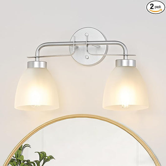 16 Inch Mid-Century Modern Vanity Lights, 2-Light Silver Bathroom Light Fixture with Frosted White Bell Shades, Industrial Wall Sconce for Mirror Over Vanity, Bedroom, Hallway (2 Pack)