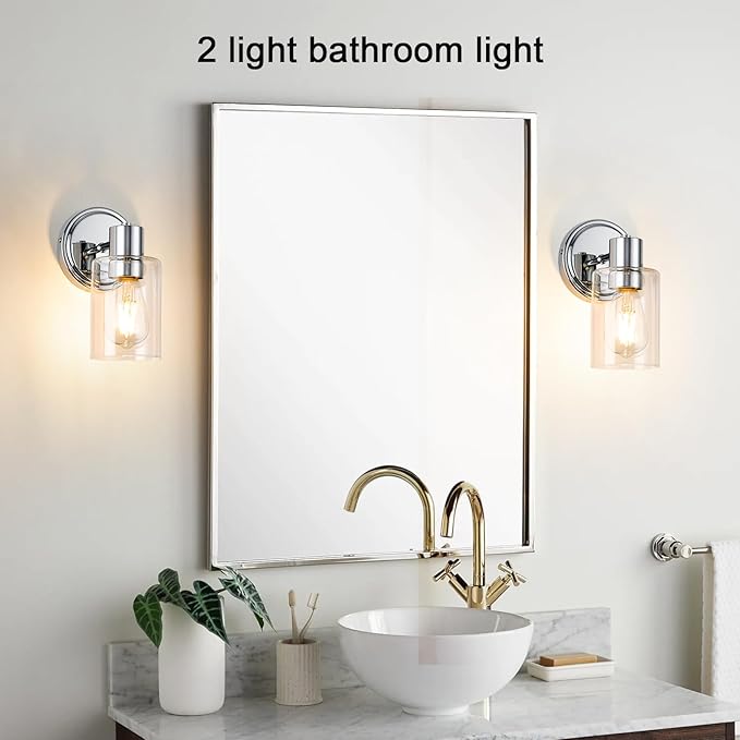 2 Light Bathroom Wall Sconce Light Fixtures with Clear Glass Bathroom Wall Lights Over Mirror Vanity Lights Chrome with E26 Base