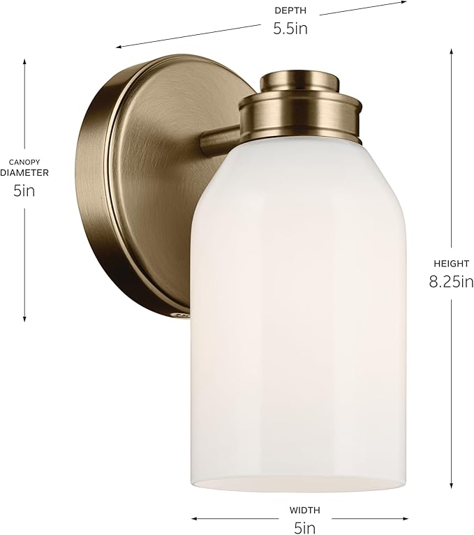 Kichler Shae 5" 1-Light Wall Sconce Bathroom Vanity Light Fixture with White Opal Glass in Champagne Bronze, Modern Style for Vanity Mirror, Fireplace, Hallway (8.25" H x 5" W), 55200CPZ