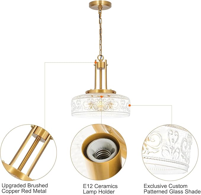 Vintage 3-Light Pendant Lights Kitchen Island, Gold Brushed Metal & Clear Glass Ceiling Pendant Light, Adjustable Antique Large Chandelier Light Fixture Over Table ,Bathroom, Breakfast, Hallway, E12*3