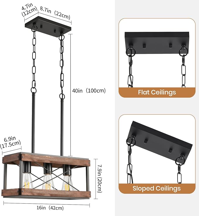 HOXIYA Farmhouse Kitchen Island Light, 3 Lights Pendant Lighting Fixture, Rustic Wood Chandelier, Adjustable Height Metal Linear Light for Dining Room Kitchen Bar Pool Table.
