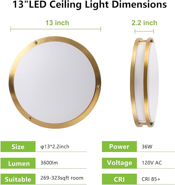 OOWOLF 2PACK 13inch Flush Mount LED Ceiling Light Fixture, 5CCT 36Watt 3600LM, 3000K 3500K 4000K 5000K 6000K 5 Color Selectable Dimmable Ceiling Lamp, Gold Ceiling Light for Kitchen Bedroom Bathroom