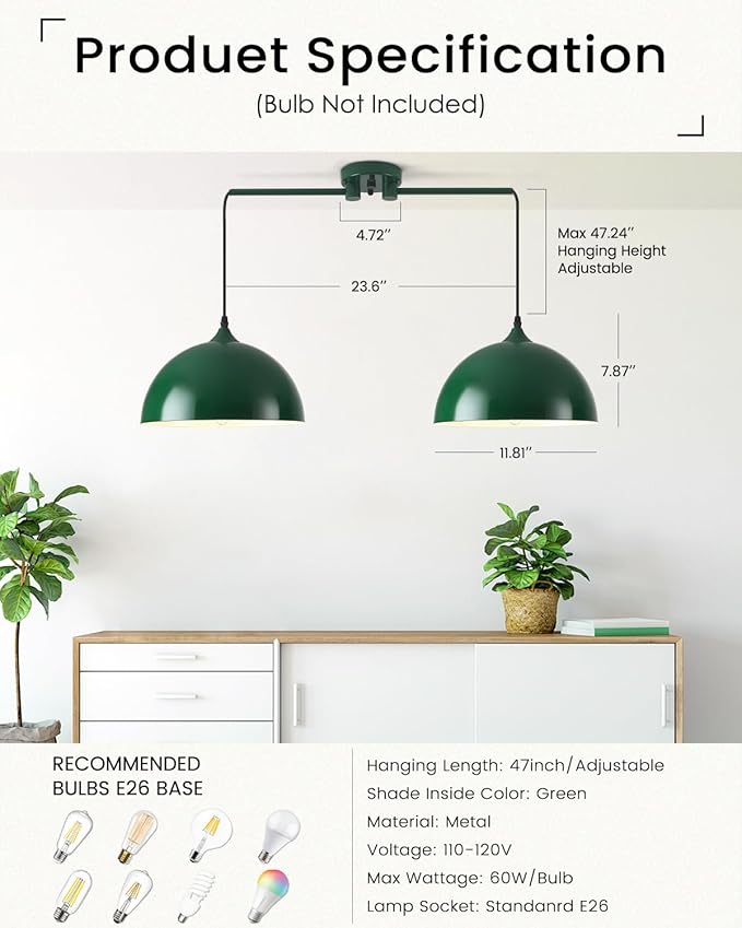 Pendant Lights Kitchen Island 2-Light, Green Dome Pendant Light, Modern Dining Room Light Fixture, Kitchen Island Lighting, Island Pendant Lights for Kitchen, Dining Room, Bar, Cafe