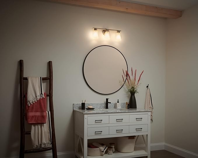 Kichler Stamos 3-Light Bathroom Vanity Light Fixture with Satin Etched Glass Shades, 22 in Modern Wall Mount Light in Brushed Nickel for over Mirror (22 in x 5 in x 8 in), 55121NI