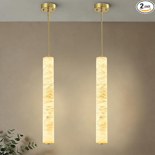 LMQNINE Natural Alabaster Pendant Lights White Marble 24" Long Tube Adjustable Boom Chandelier Modern 3000K Gold Ceiling Light for Kitchen Island Bedroom Dining Room Living Room Hallway(M-2Pack)
