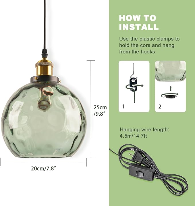 Green Plug in Glass Pendant Light Mid Century Modern Pendant Light Chandelier Ceiling Light Fixtures with Globe Shade, Plug in Hanging Light for Bedroom Living Room Dining Room