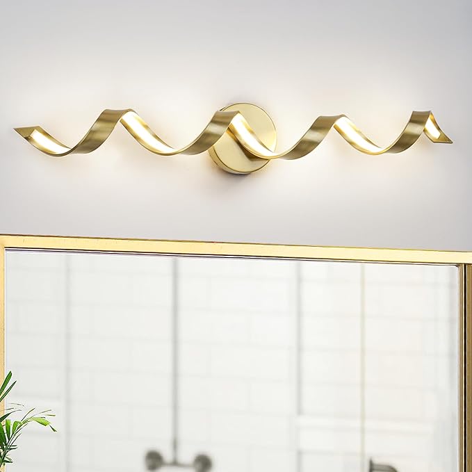 LED Modern Bathroom Vanity Light Fixtures, 31 inch Gold Wall Lamp Bedroom 4000K, Spiral Design Wall Sconce for Mirror, Living Room, Bedroom, Hallway 20W