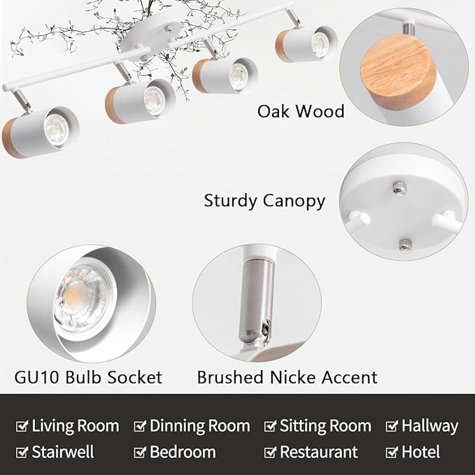 TeHenoo 32-Inch Modern Track Lighting Fixture,Natural Wood Ceiling Light with 4 Adjustable Heads, Flexible Arms for Kitchen, Bedroom, Living Room
