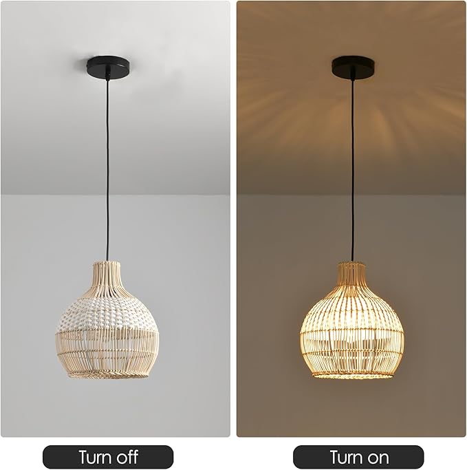 3 Pack Rattan Pendant Light Fixture Mini Hand-Woven White Rattan Chandelie,11Inch Boho Wicker Hanging Lamp for Dining Living Bedroom Kitchen Farmhouse