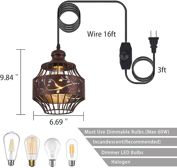 YLONG-ZS Vintage Hanging Lamp Plug in Pendant Lights,Hanging Lights with Plug in 16Ft Cord Dimmable for Bedroom, Living Room