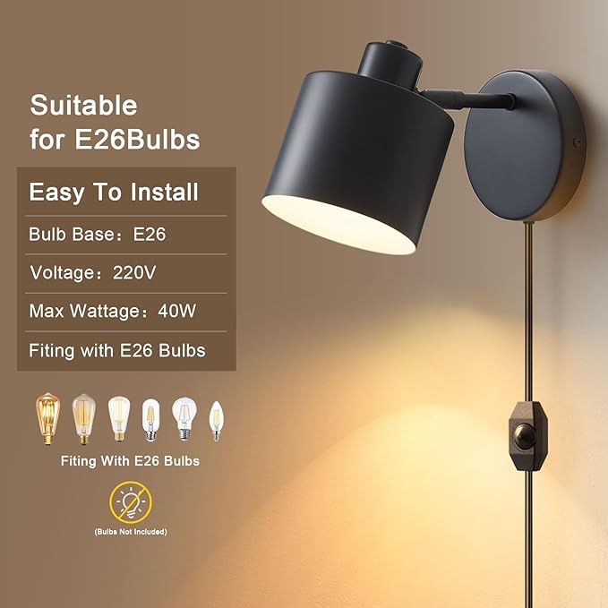 LIGHTESS Plug in Wall Sconces Set of 2 with Switch, 350° Rotatable Dimmable Corded Wall Sconce, Black Wall Lamps for Bedroom Living Room Hallway Kitchen Bedside (Bulb Not Included)