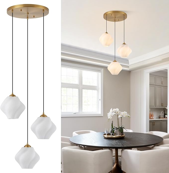 3-Light Cluster Pendant Lights, Mid Century Modern Cluster Chandelier with Milk White Glass, Brass Gold Pendant Lighting for High Ceiling, Kitchen Island, Staircase, Dining Room, Living Room