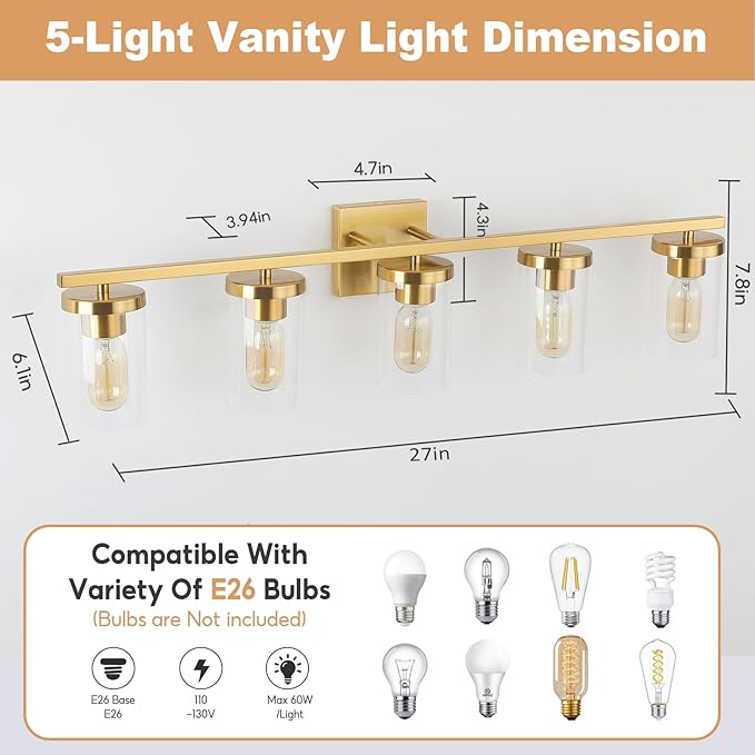 34in Bathroom Light Fixture Over Mirror, 5-Light Gold Vanity Lights with Clear Glass Shades, Modern Wall Sconces for Living Room, Bedroom, Hallway, E26 Base