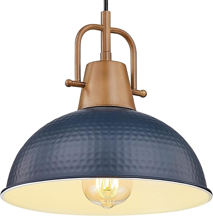 Emliviar Dome Pendant Light, Wood Adjustable Hanging Lamp with Hammered Metal Shade, Blue Finish, GE269MIL BL+WD