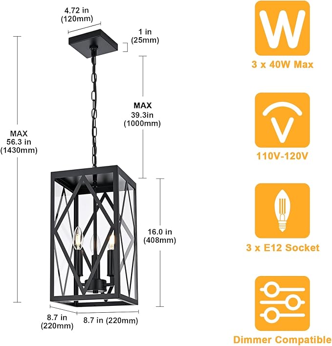 15.7'' Outdoor Pendant Light for Porch 3-Lights Metal Black Outdoor Chandelier Exterior Hanging Porch Light Fixtures w/Clear Glass, Outside Pendant Lantern for Front Door Entryway, E12 Base