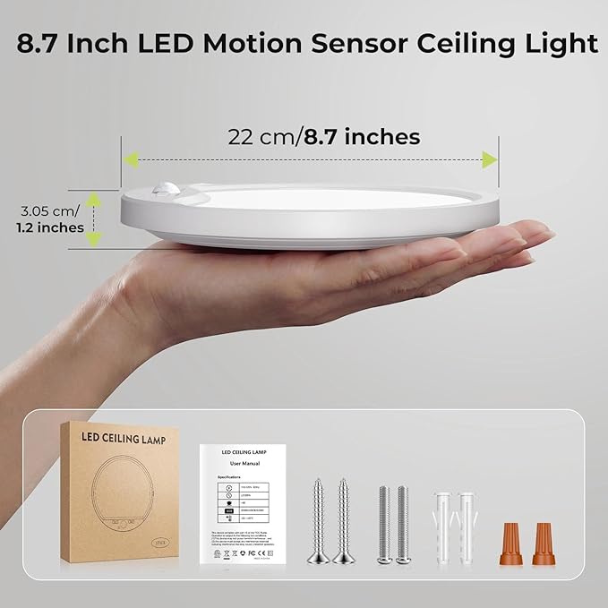 hepside Motion Sensor Ceiling Light Wired, 3000K/4000K/6500K LED Flush Mount Ceiling Light Fixture, 8.7Inch 18W Motion Sensor Light with Timer for Closet Stair Porch Hallway Pantry,White