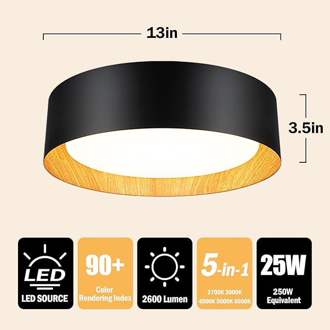 BrightHome Flush Mount Ceiling Light, 13in 2600LM 25W(300W Equiv), LED Ceiling Light Fixture 5CCT 2700K 3000K 4000K 5000K 6000K, Dimmable Ceiling Lamp for Bedroom Bathroom Hallway, Black and Wood