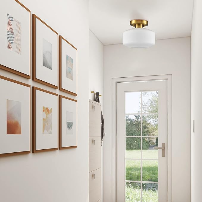 Modern White Semi Flush Mount Ceiling Light Gold Hallway Light Fixture Farmhouse Ceiling Light Opal Milk Glass Shade