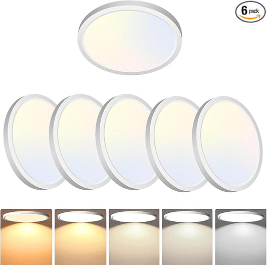 6 Pack 12 Inch LED Flush Mount Ceiling Light Fixtures, 24W 2640LM 5 CCT Selectable (2700K-6500K), Non Dimmable,Wired Integrated LED Lights for Bedroom Kitchen Hallway Apartment, White