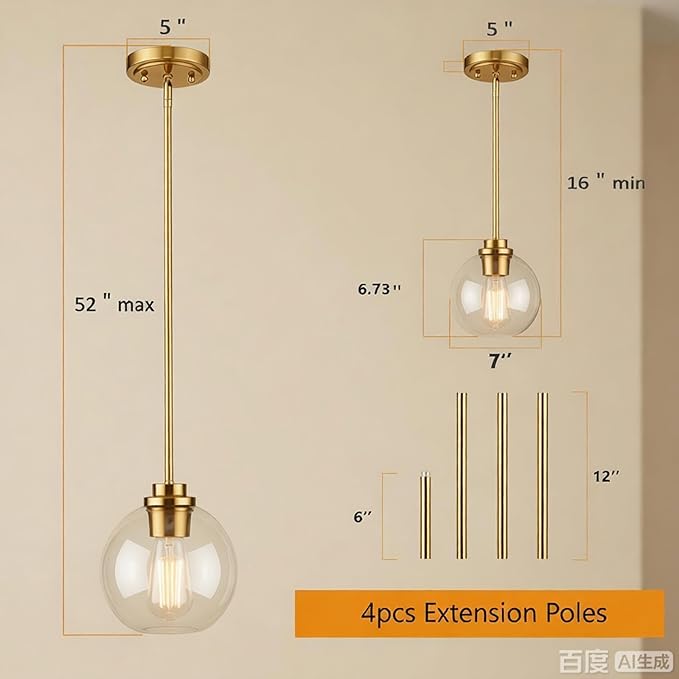 Gold Pendant Light, 7 Inch Clear Glass Farmhouse Hanging Fixture, Adjustable Height & Sloped Ceiling Compatible for Kitchen Island Dining Room Entryway Bedroom Hallway, 3 Pack