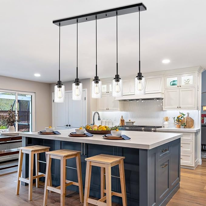 TODOLUZ 5-Lights Pendant Light Fixtures, Kitchen Island Lighting with Adjustable Cord, Hanging Ceiling Lamp Seeded Glass for Dining Room Pool Table